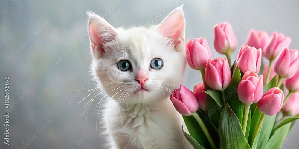 Close-up of white kitten holding pink tulip bouquet Close-up of white kitten holding pink tulip bouquet
