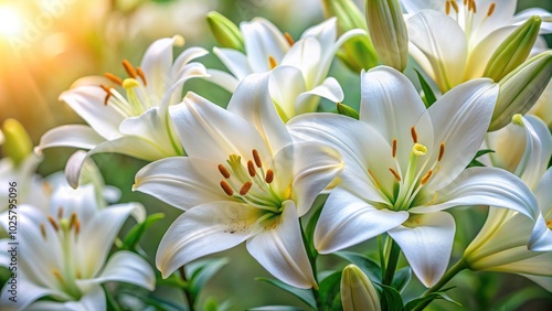 Close-up of white Madonna lily flowers, Lilium candidum