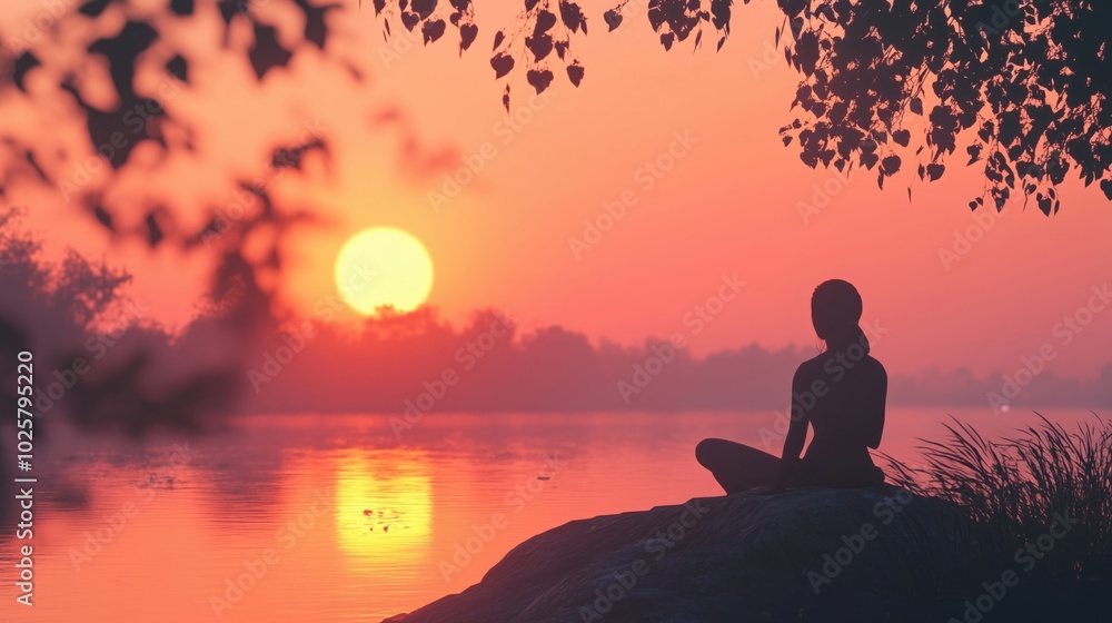 Sunset meditation by lake, silhouette of woman, tranquil nature scene Sunset meditation by lake, silhouette of woman, tranquil nature scene