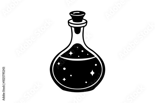 Magic Bottles, Glass flasks with potions of different shapes with stoppers and bubbles. Vector illustration Alchemical elixirs, potions, liquids different. Thema magic, medicine, alternative therapy.