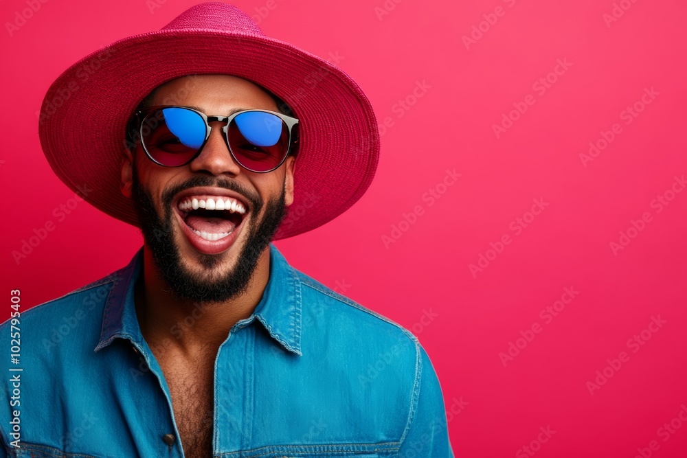 Man wearing a pink hat and sunglasses is smiling and laughing. He is wearing a blue shirt and jeans. men happy surprised, in the style pink and crimson, happenings themes Man wearing a pink hat and sunglasses is smiling and laughing. He is wearing a blue shirt and jeans. men happy surprised, in the style pink and crimson, happenings themes