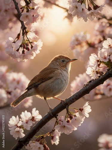 a small bird sitting under a cherry blossom tree
