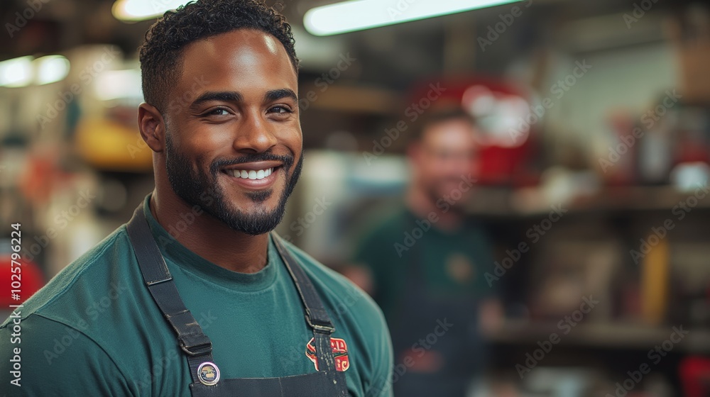 Man with a green shirt and apron is smiling. man coming to auto service to pick up his car greets owner wearing green t-shirt, customer focused, auto service, Man with a green shirt and apron is smiling. man coming to auto service to pick up his car greets owner wearing green t-shirt, customer focused, auto service,