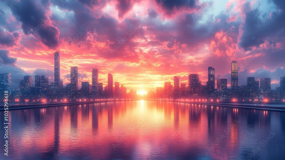A panoramic view of an urban skyline during a colorful sunset, with the last rays of light reflecting off the glass facades of the buildings, creating a breathtaking scene. A panoramic view of an urban skyline during a colorful sunset, with the last rays of light reflecting off the glass facades of the buildings, creating a breathtaking scene.