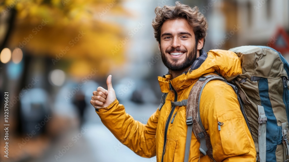 Man in a yellow jacket is smiling and giving a thumbs up. Man wearing a yellow jacket and a blue backpack is standing on a road, looking up at sky. man with backpack thumb up standing beside the road Man in a yellow jacket is smiling and giving a thumbs up. Man wearing a yellow jacket and a blue backpack is standing on a road, looking up at sky. man with backpack thumb up standing beside the road