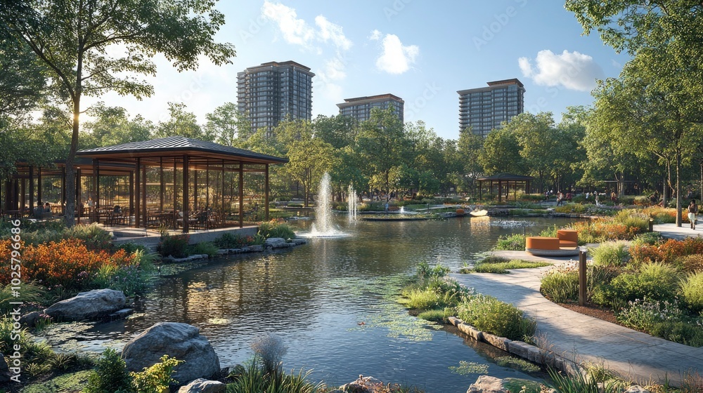 Obraz premium A meticulously designed urban park with water features, walking paths, and seating areas, providing a peaceful retreat for city dwellers.