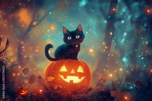 Black Cat on a Jack-o'-Lantern. photo