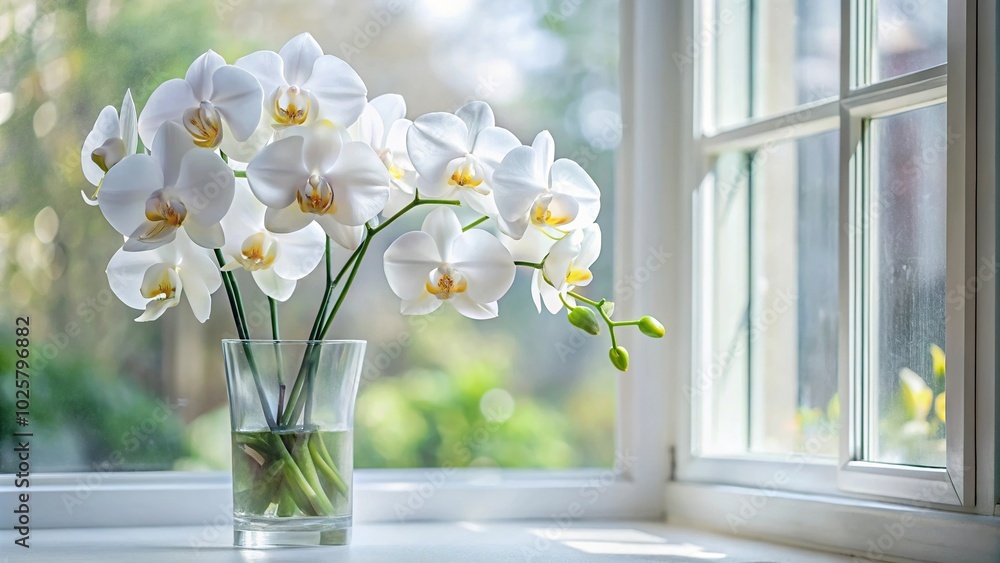 Close-up of white orchids in a vase on a windowsill Close-up of white orchids in a vase on a windowsill