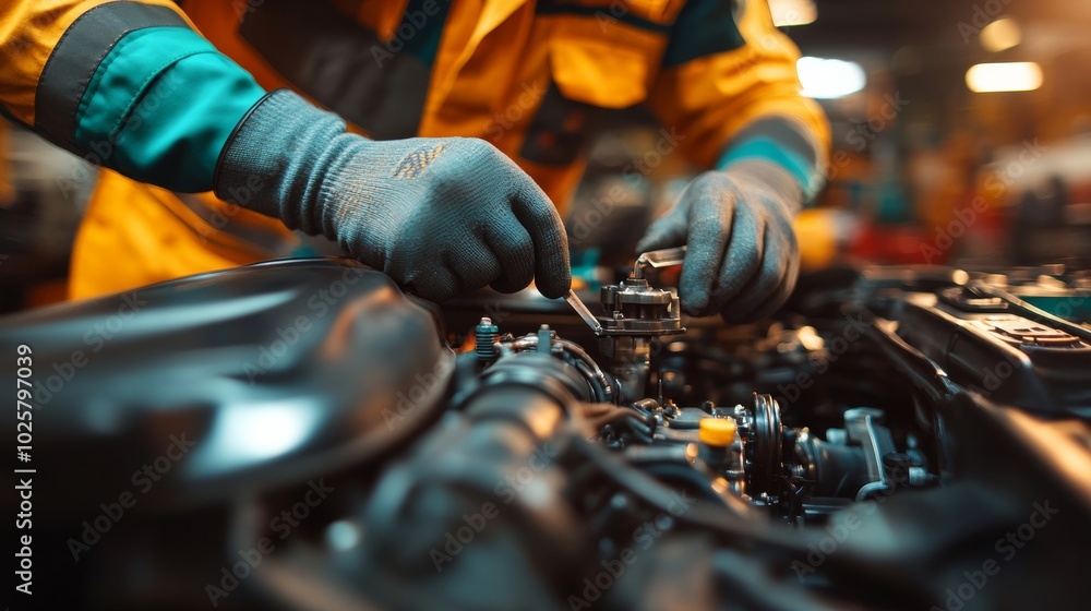 Two mechanics are working on a car engine. One of them is holding a tool that looks like a screwdriver. Mechanic fixing a car engine in a garage, symbolizing automotive repair occupations Two mechanics are working on a car engine. One of them is holding a tool that looks like a screwdriver. Mechanic fixing a car engine in a garage, symbolizing automotive repair occupations
