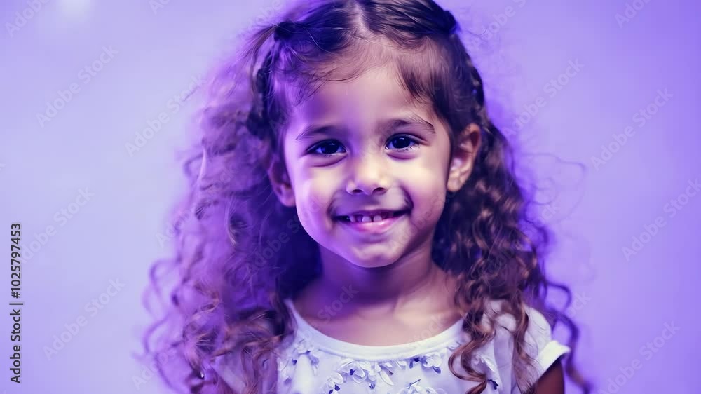 Joyful curly-haired girl smiling against a purple background Joyful curly-haired girl smiling against a purple background