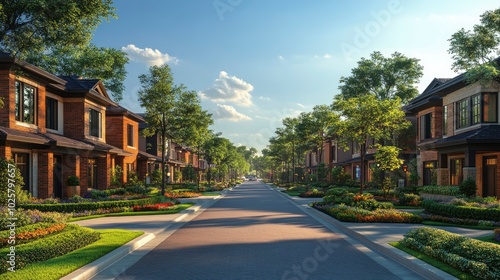 A meticulously designed urban street with wide sidewalks, bike lanes, and tree-lined paths, promoting sustainable transportation and community interaction.