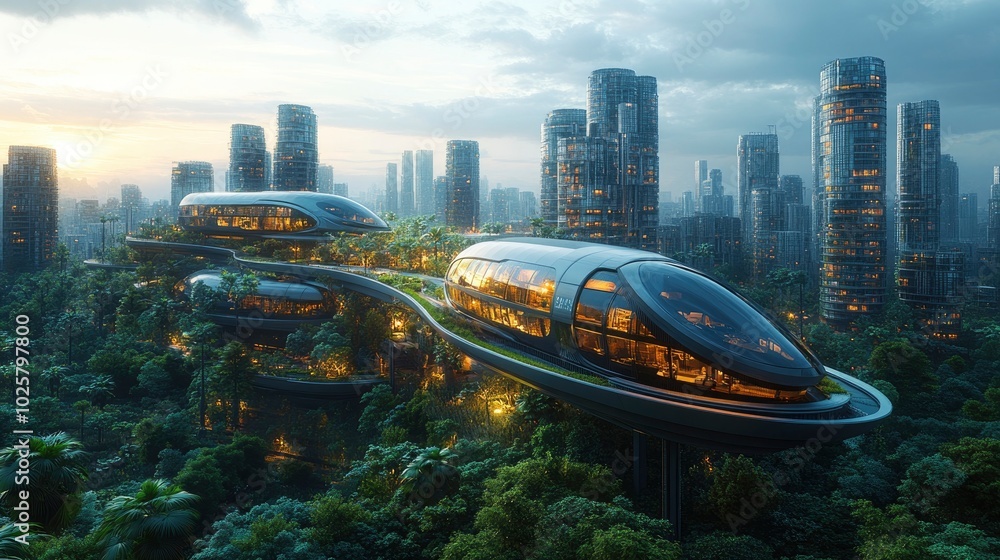 A futuristic urban development with smart buildings, automated ...