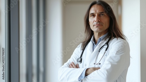 Doctor with stethoscope, confident pose, long hair, medical professional attire