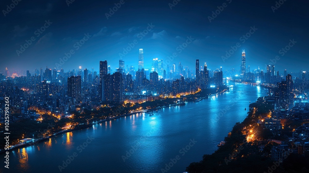 A panoramic view of an urban skyline at night, with the city lights creating a dazzling display against the dark sky, capturing the energy and allure of city living. A panoramic view of an urban skyline at night, with the city lights creating a dazzling display against the dark sky, capturing the energy and allure of city living.