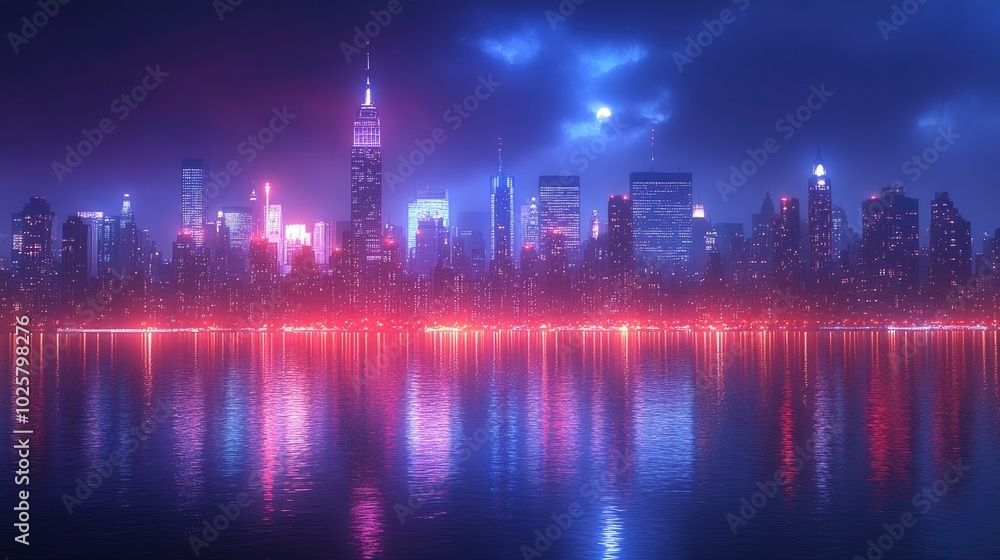 Obraz premium A panoramic view of an urban skyline at night, with the city lights creating a dazzling display against the dark sky, capturing the energy and allure of city living.