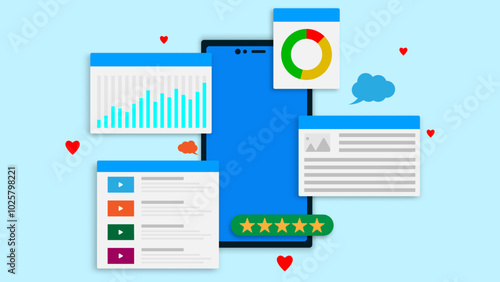 Mobile marketing, social media marketing concept with smartphone. Online love, five stars, content and strategy on light blue background