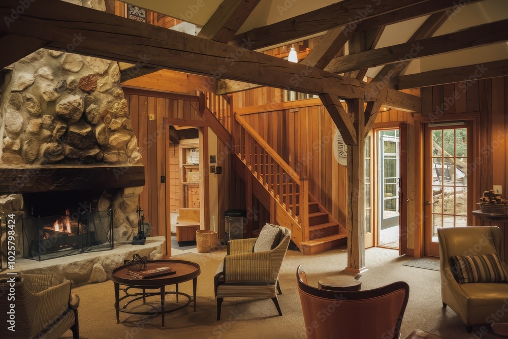 Fototapeta premium A cozy living room with a fireplace and wooden floors