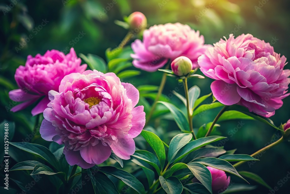 Close-Up Peonies flowers on dark foliage nature background Close-Up Peonies flowers on dark foliage nature background