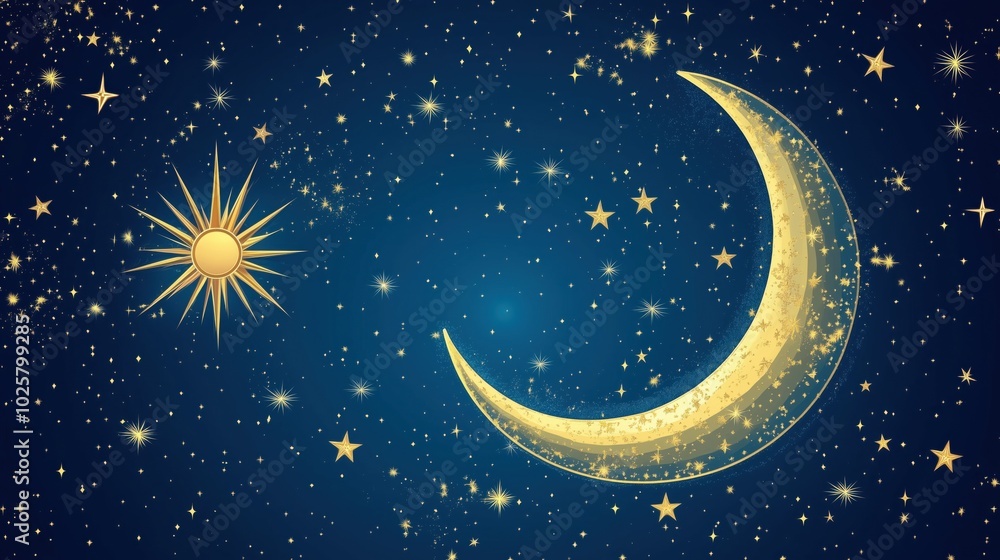 Moon and stars in night sky, golden crescent moon, shining sun, twinkling stars Moon and stars in night sky, golden crescent moon, shining sun, twinkling stars