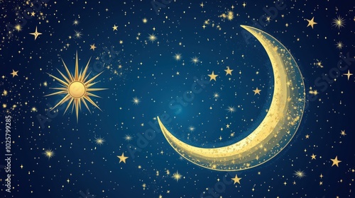 Moon and stars in night sky, golden crescent moon, shining sun, twinkling stars