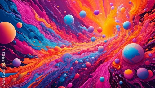 Dynamic Swirls of Color and Floating Spheres in Abstract Art