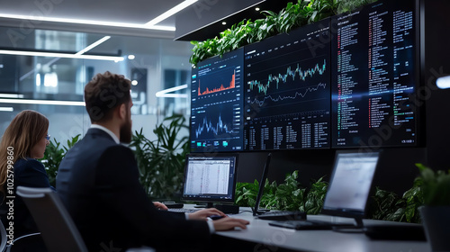 Professionals analyzing data on multiple screens.