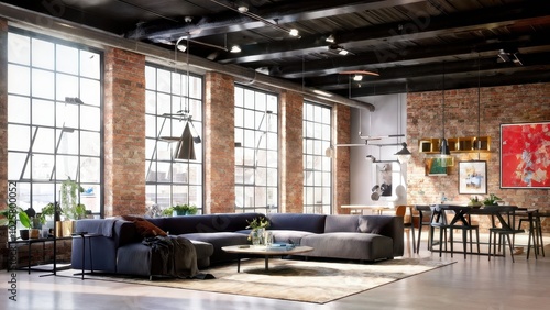 Modern industrial living space with large windows, plants, and stylish furniture.