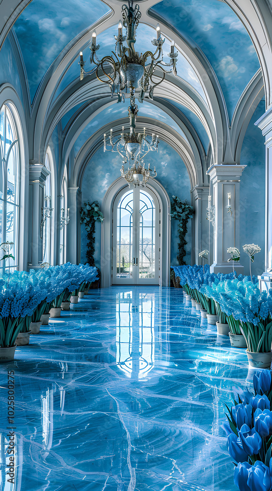 Fototapeta premium Blue tulips in the hall of a blue marble palace, a fantasy mansion with fantasy architecture in a fantasy style. The blue floor has a glossy reflection, creating a fantasy scenery with fantasy windows
