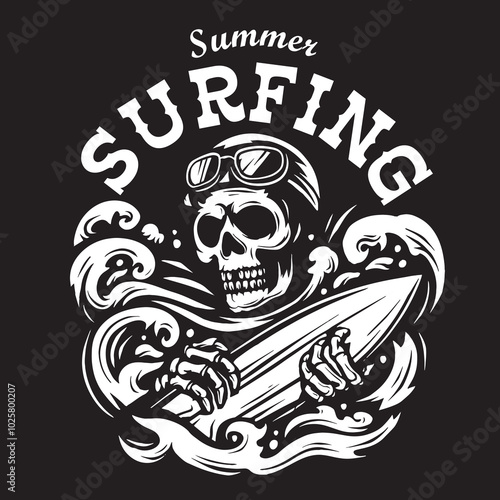 Vintage illustration of a surfing skull