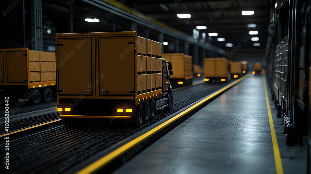Trucks in a warehouse loading area Trucks in a warehouse loading area