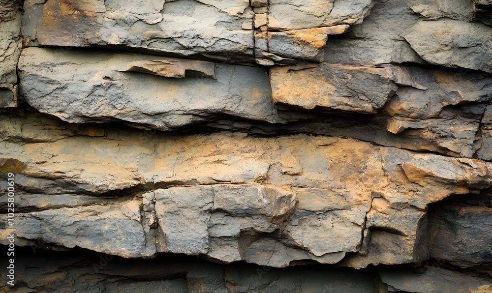 A rocky formation stands alone showcasing textured rock layers, Generative AI A rocky formation stands alone showcasing textured rock layers, Generative AI