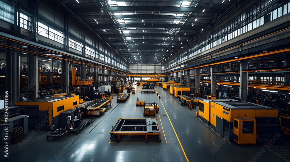 Modern Factory Floor Features a Variety of Industrial Machinery Modern Factory Floor Features a Variety of Industrial Machinery