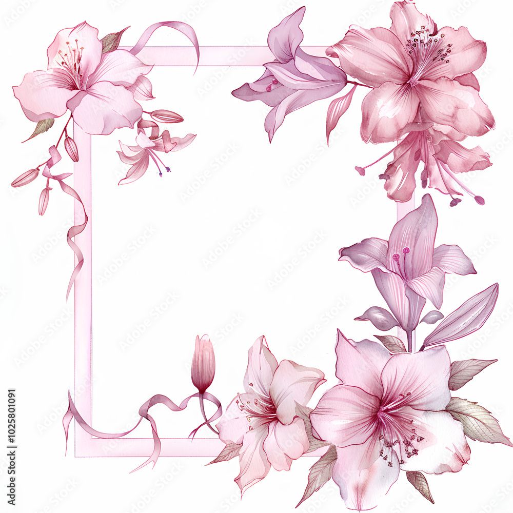 Fototapeta premium Watercolor, pink ribbon, and flowers frame with a bow in the corner of a blank paper, clipart, on a white background.