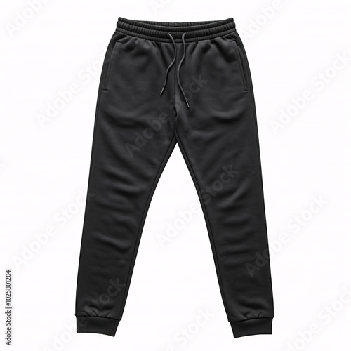 black sweatpants on white background  isolated  mockup template for design  fashion clothing  blank joggers  apparel  casual wear  sporty style