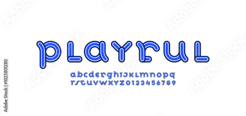 Playful alphabet font, lettering, letters A, B, C, D, E, F, G, H, I, J, K, L, M, N, O, P, Q, R, S, T, U, V, W, X, Y, Z and numerals 0, 1, 2, 3, 4, 5, 6, 7, 8, 9, vector illustration 10EPS