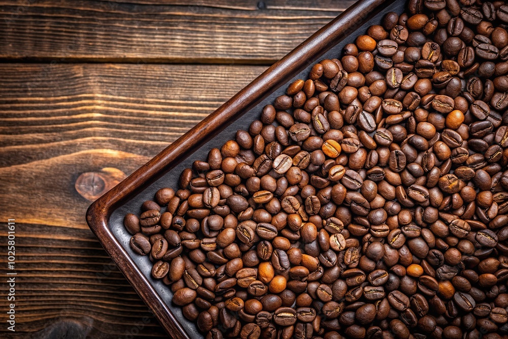 Fototapeta premium Closeup roasted coffee beans on tray, high angle