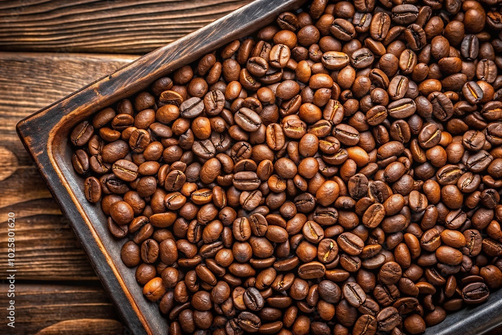Fototapeta premium Close-up roasted coffee beans on tray