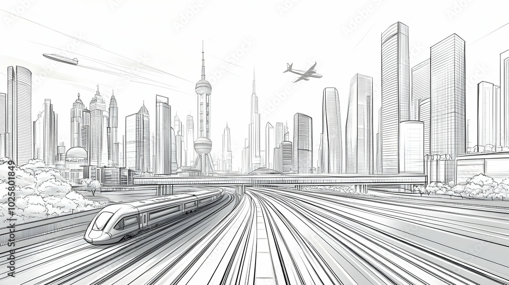 Detailed Line Art Illustration of a Modern Cityscape with High-Rise Buildings, a Train, and an Airplane Detailed Line Art Illustration of a Modern Cityscape with High-Rise Buildings, a Train, and an Airplane