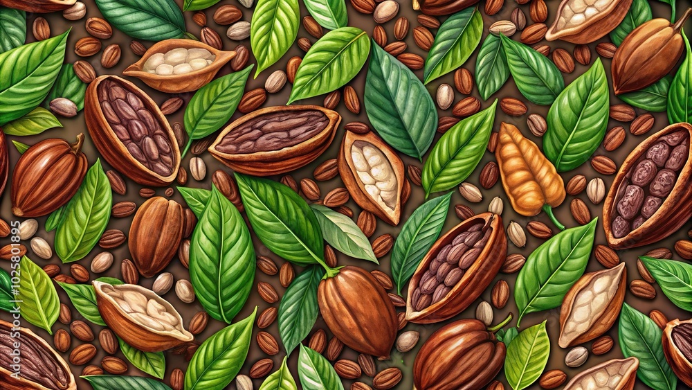 Fototapeta premium Close-up seamless pattern with cocoa leaves and beans