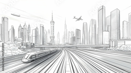 Detailed Line Art Illustration of a Modern Cityscape with High-Rise Buildings, a Train, and an Airplane