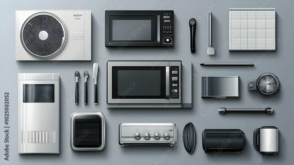 Collection of Realistic Modern Home Appliances on Gray Background Collection of Realistic Modern Home Appliances on Gray Background