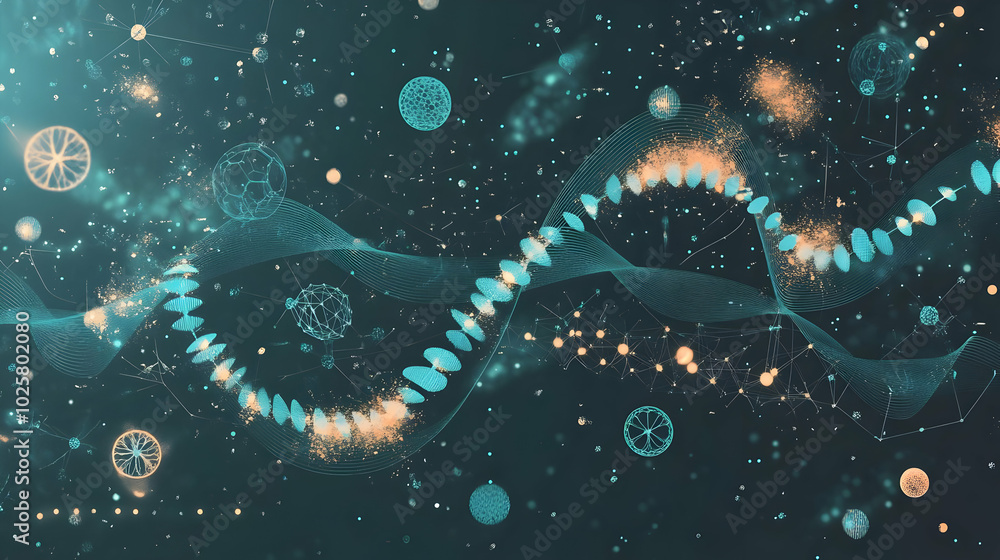 Abstract DNA Strand Illustration with Wavy Lines and Geometric Shapes on Dark Green Background Abstract DNA Strand Illustration with Wavy Lines and Geometric Shapes on Dark Green Background