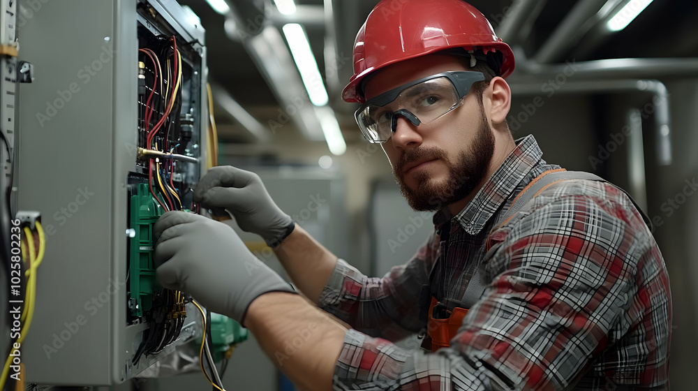 Electrician Connects Wires in Electrical Panel with Expertise in Industrial Setting Electrician Connects Wires in Electrical Panel with Expertise in Industrial Setting