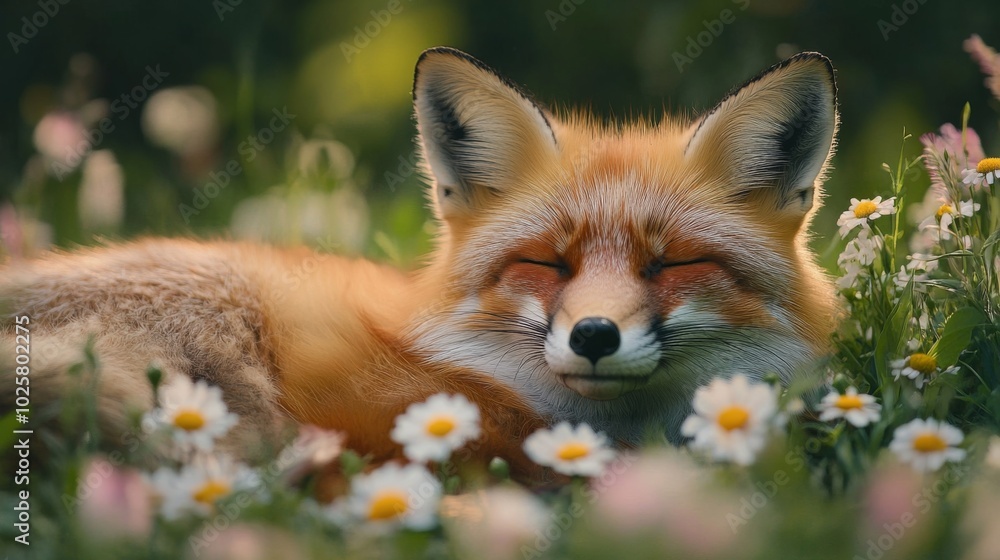 Peaceful Fox in Wildflower Meadow Peaceful Fox in Wildflower Meadow