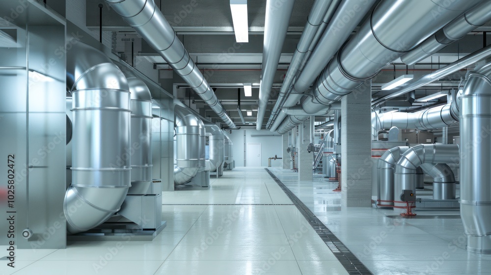 Obraz premium Industrial Ventilation System with Shiny Metal Pipes