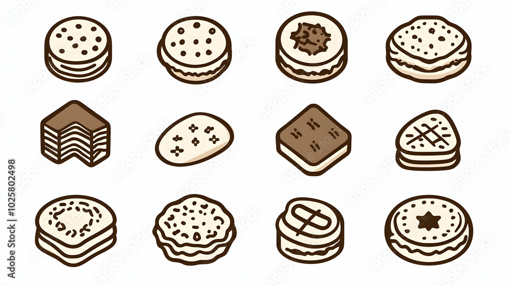 Twelve Delicious Cookies with Various Toppings and Shapes Are Beautifully Arranged on White Background Twelve Delicious Cookies with Various Toppings and Shapes Are Beautifully Arranged on White Background