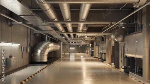 Industrial Corridor with Silver Piping and Yellow and Black Stripes