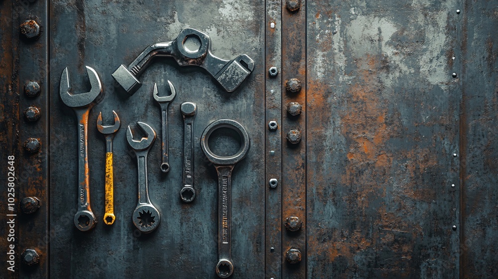 Fototapeta premium Vintage wrenches with rusty metallic background.
