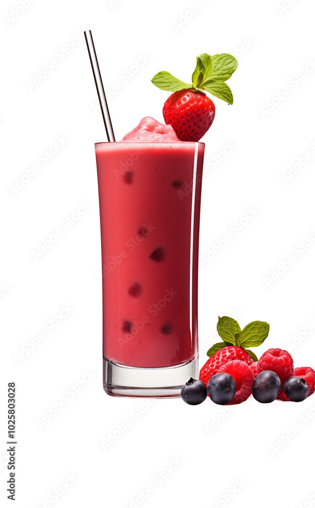 Refreshing berry smoothie served in a tall glass garnished with mint and strawberries on a transparent background Refreshing berry smoothie served in a tall glass garnished with mint and strawberries on a transparent background