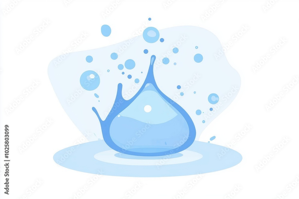 A vibrant blue water droplet splashes into a serene water surface, creating ripples and tiny bubbles in a refreshing scene.